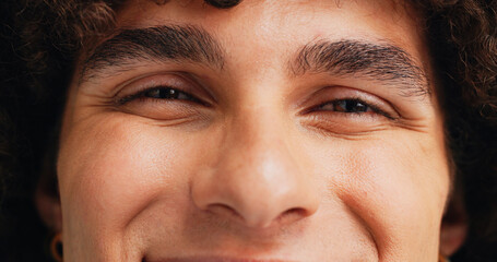 Obraz premium Happy person, portrait or eyebrows closeup for skincare grooming, bushy aesthetic or natural beauty. Thick, healthy or face of proud male model with unkept facial hair, eyes or confidence in Brazil