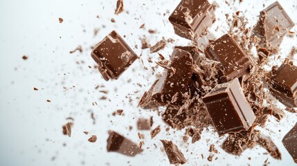 Whirling chocolate pieces creating a delightful dessert explosion on white