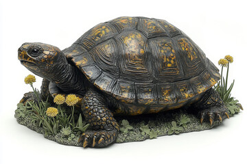 Fototapeta premium Detailed tortoise sculpture, nestled in grass, with vibrant yellow wildflowers.