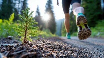Jogging through a sunlit forest path filled with tranquility and energy