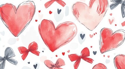 Valentine coquette bow heart seamless pattern, Red pink white holiday ribbon printable repeat digital paper background wallpaper