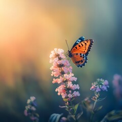 Obraz premium Vibrant Butterfly on Delicate Flowers in Soft Glow at Sunset