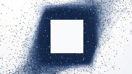 White square in dark blue particle explosion; abstract background; digital art; website template