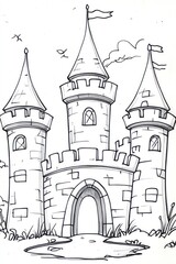 Fototapeta premium A simple black and white drawing of a fairytale castle with three towers, a drawbridge, and a flag.