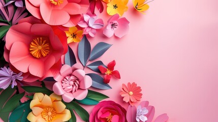 Fototapeta premium Bright paper flowers on a pink background with free space. A holiday greeting card.