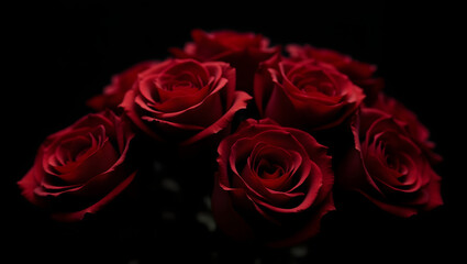 Obraz premium A gorgeous bouquet of red roses, with petals soft to the touch, artfully arranged with curled leaves and a few sparkling droplets of water, set against a deep, velvety black background