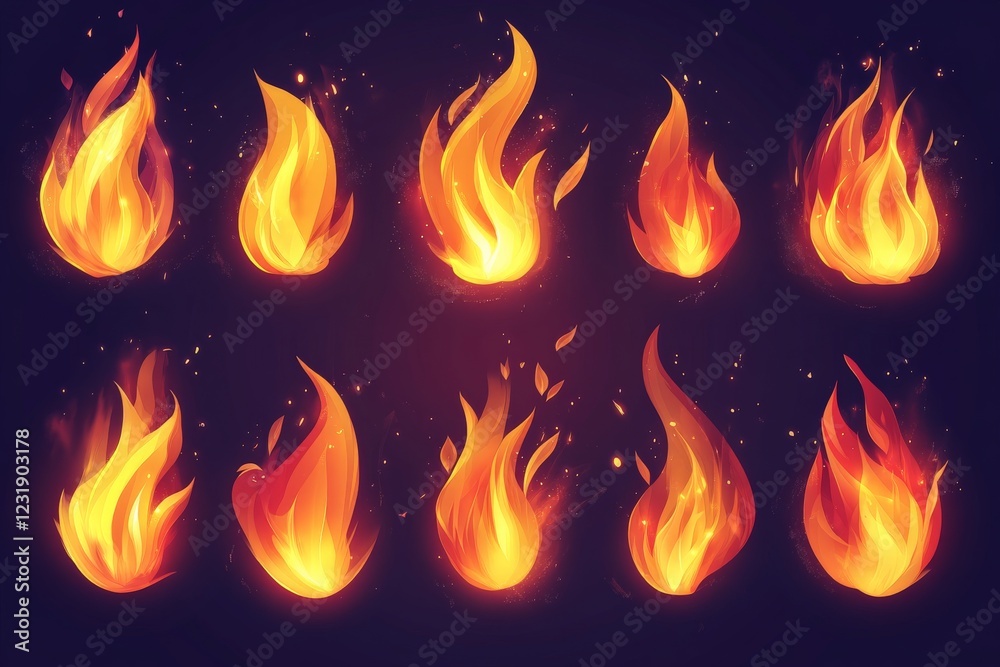 Aufkleber decorative flames in various shapes and styles showcasing vibrant colors and details for visual effe