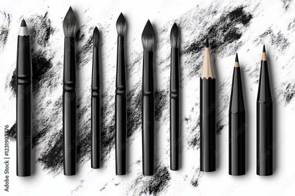 Poster Different types of black drawing tools arranged on a textured surface with charcoal smudges