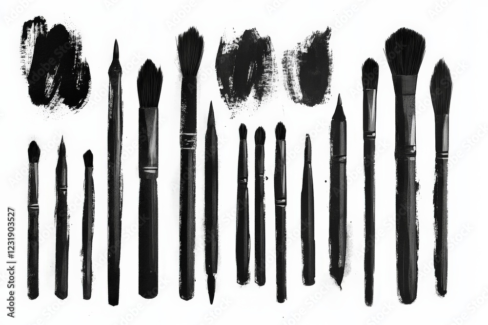 Poster collection of various paintbrushes arranged on a white background showcasing artistic tools for pain
