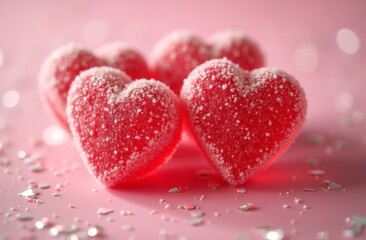 Close-up of red heart-shaped gummy candies coated in granulated sugar, arranged on a pink background with sparkling decorations