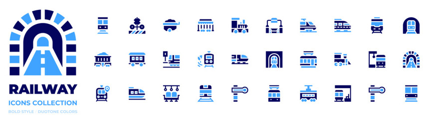Railway icon collection. Bold style. Duotone colors. train, subway, tramway, tunnel, level crossing, wagon, cart, mine, train platform, renewable energy