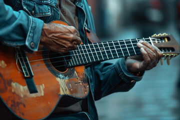 Obraz premium Generative AI Image of a Guitarist Performing with Acoustic Guitar