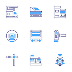 Railway icon set. Bold line style. Duotone colors. Editable stroke. train stop, locomotive, train, sleeping, turnstile, subway, train station, railway, clear