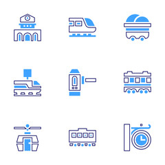 Railway icon set. Bold line style. Duotone colors. Editable stroke. train, funicular, railway station, clock, carriage, turnstile