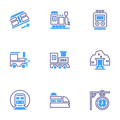 Railway icon set. Bold line style. Duotone colors. Editable stroke. train, locomotive, subway, clock, gold mine, metro, funicular