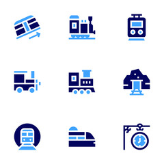 Railway icon set. Bold style. Duotone colors. train, locomotive, subway, clock, gold mine, metro, funicular