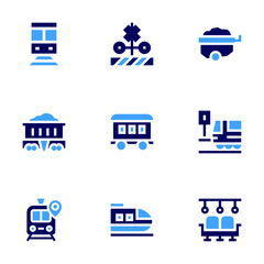 Railway icon set. Bold style. Duotone colors. train, level crossing, cart, mine, railway station, bullet train, wagon, seat, train platform