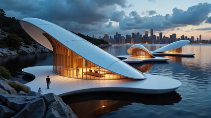 Naklejka premium Futuristic floating temples illuminating calm water, architectural serenity