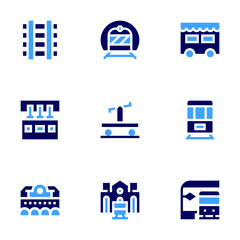 Railway icon set. Bold style. Duotone colors. train, wagon, subway, train station, metro, monorail, tracks