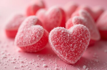 Obraz premium Close-up of red heart-shaped gummy candies coated in sugar granules, scattered on a soft pink background