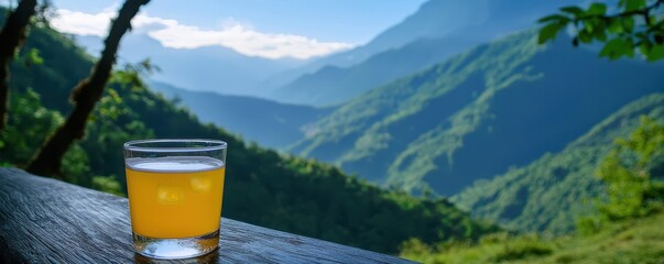 Refreshing drink in scenic mountain landscape outdoor setting nature photography vibrant environment tranquil view