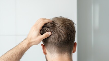 Man touching his hair, showcasing hairstyle and grooming habits with a bathroom background.