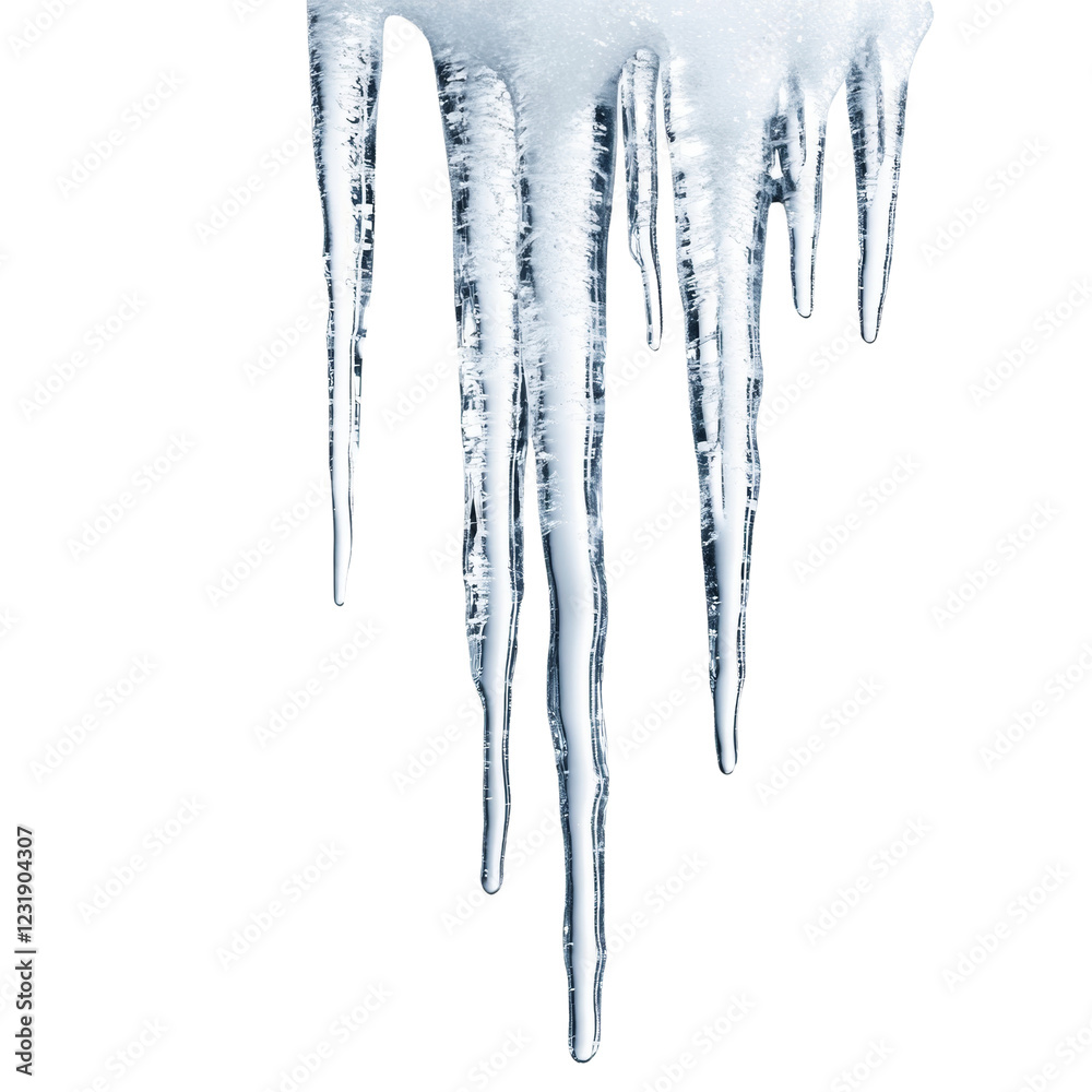 Poster a close-up image showcases several icicles hanging from a roof edge against a black background. the 