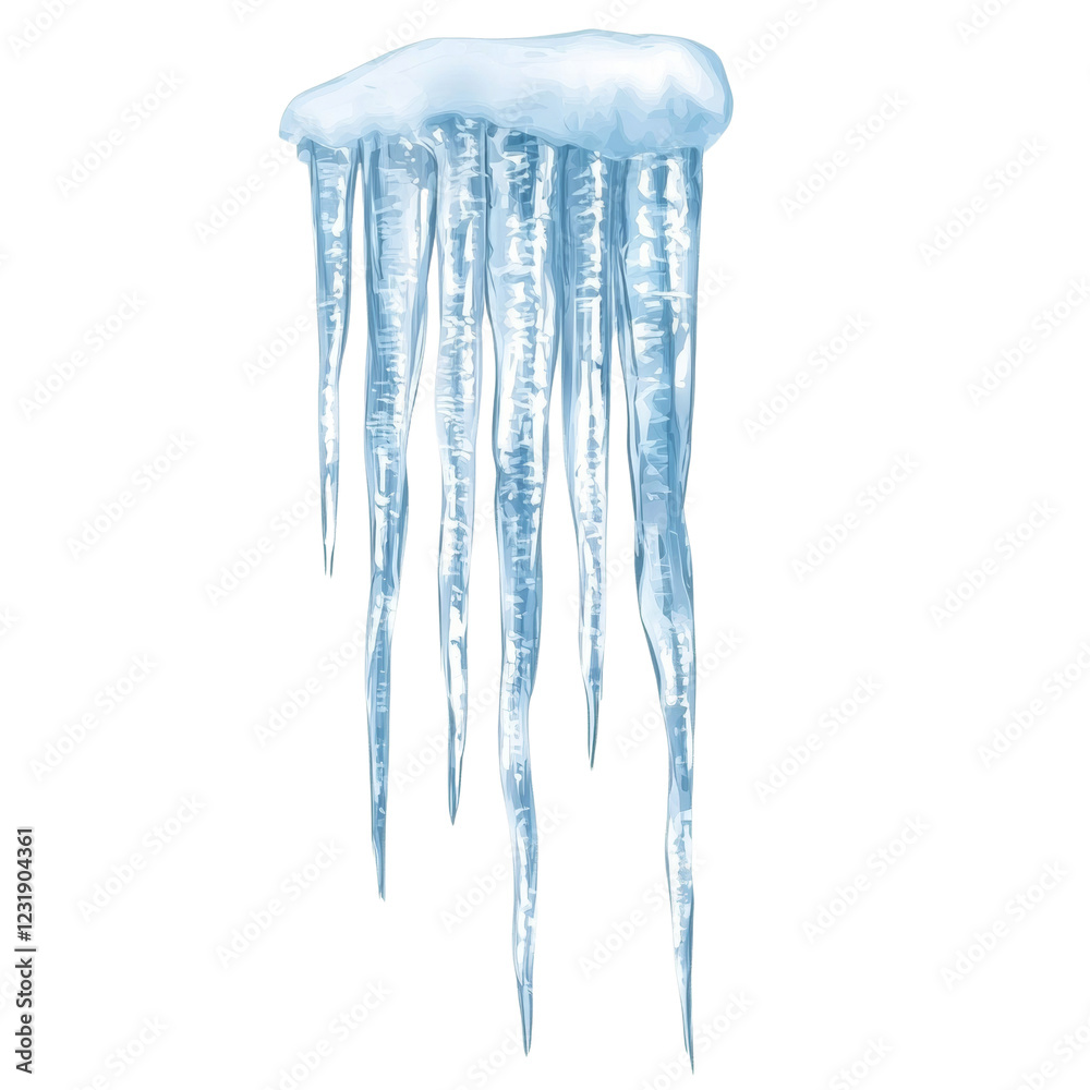 Poster The image shows a digitally rendered cluster of icicles hanging from an unseen surface against a black background.
