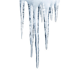 A close-up image showcases several icicles hanging from a roof edge against a black background.  The icicles are clear, with varying lengths and textures.