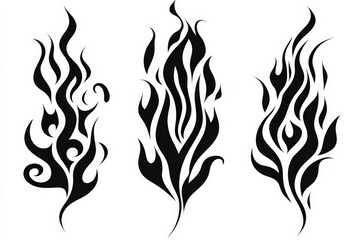 Fototapeta premium Unique black tribal flame designs ideal for tattoos or artwork featuring intricate curves and sharp edges