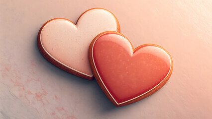 Fototapeta premium This image presents a simple and elegant flat lay composition featuring two heart-shaped cookies. One cookie is a soft pink, while the other is a warm red, creating a visually appealing and romantic.