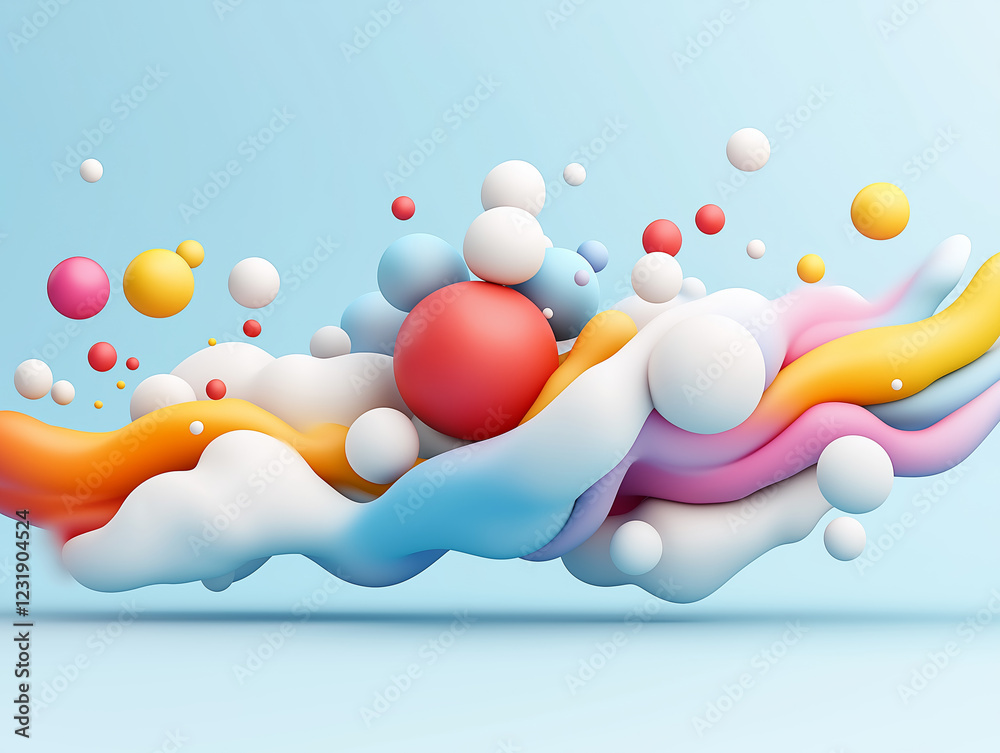 Poster creative abstract composition with colorful shapes and dynamic motion in a bright setting
