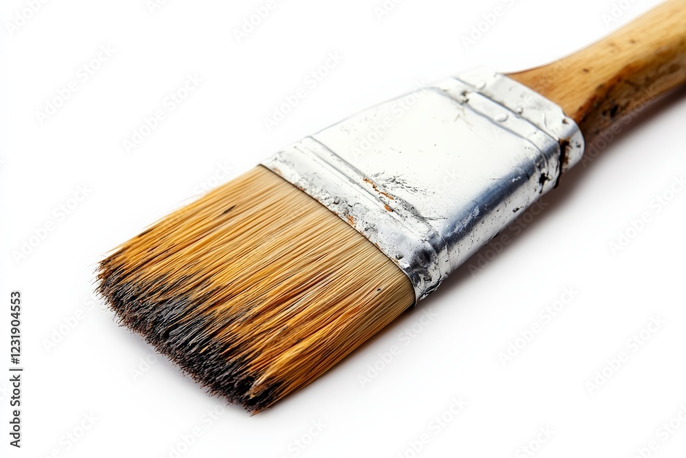 Poster brush for painting with a worn bristle head and wooden handle on a white surface highlighting detail