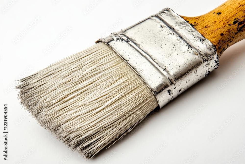 Aufkleber brush for painting with worn bristles on a wooden handle positioned on a light surface