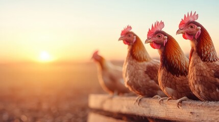 Chickens enjoying a golden sunset in a peaceful eco farm yard