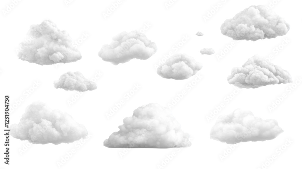 Poster the image showcases a diverse group of white clouds against a black background, varying in size and 