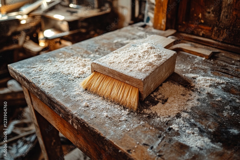 Poster Dust settles on a wooden table with a broom and flour in a rustic workshop during late afternoon light