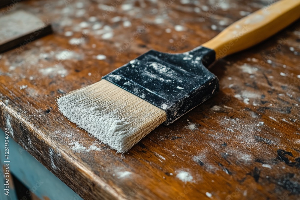 Fototapete brush resting on a wooden surface after painting with dust particles scattered around creating a rus