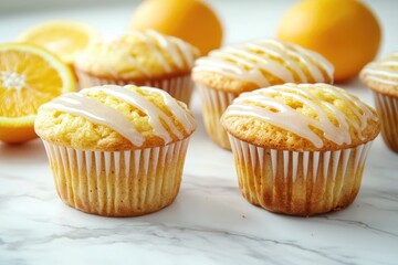 A colorful arrangement of muffins and oranges on a table