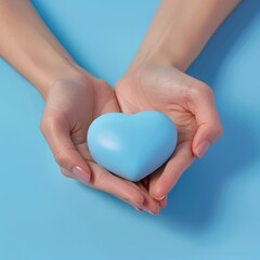Obraz premium Female hands on a blue background holding a blue heart. The concept of donations and family insurance, World Heart Day. valentine's day.