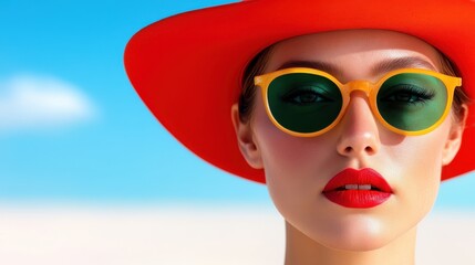 Surreal portrait of a woman in a bright hat at a dreamy beach setting