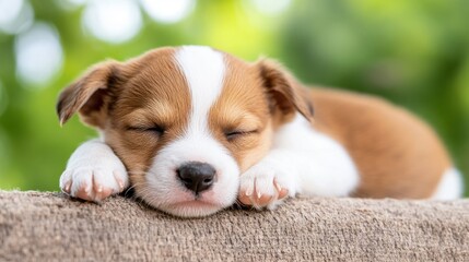 Peaceful puppy sleeping soundly in a cozy spot surrounded by greenery