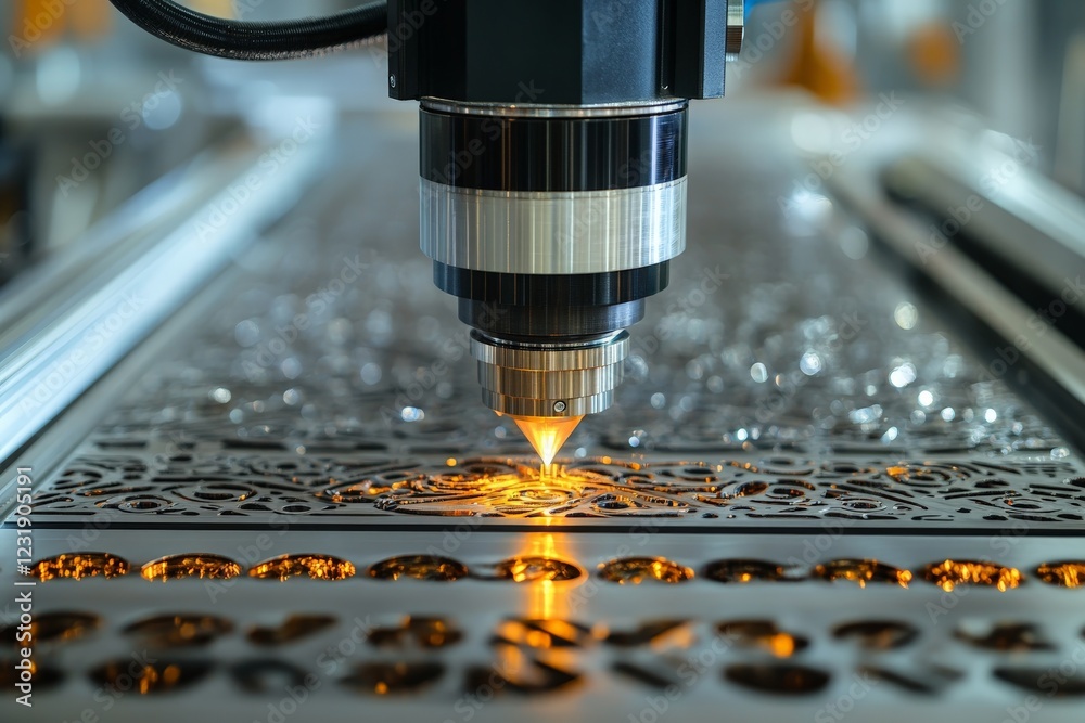 Aufkleber Laser cutting machine in action, creating intricate designs on metal sheet in a modern workshop environment