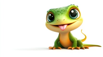 Obraz premium Cute cartoon gecko smiles, white background, children's book illustration