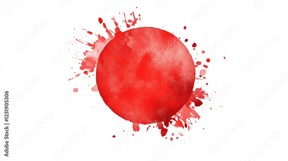 Poster an abstract watercolor painting featuring a central red circle surrounded by dynamic red paint splat
