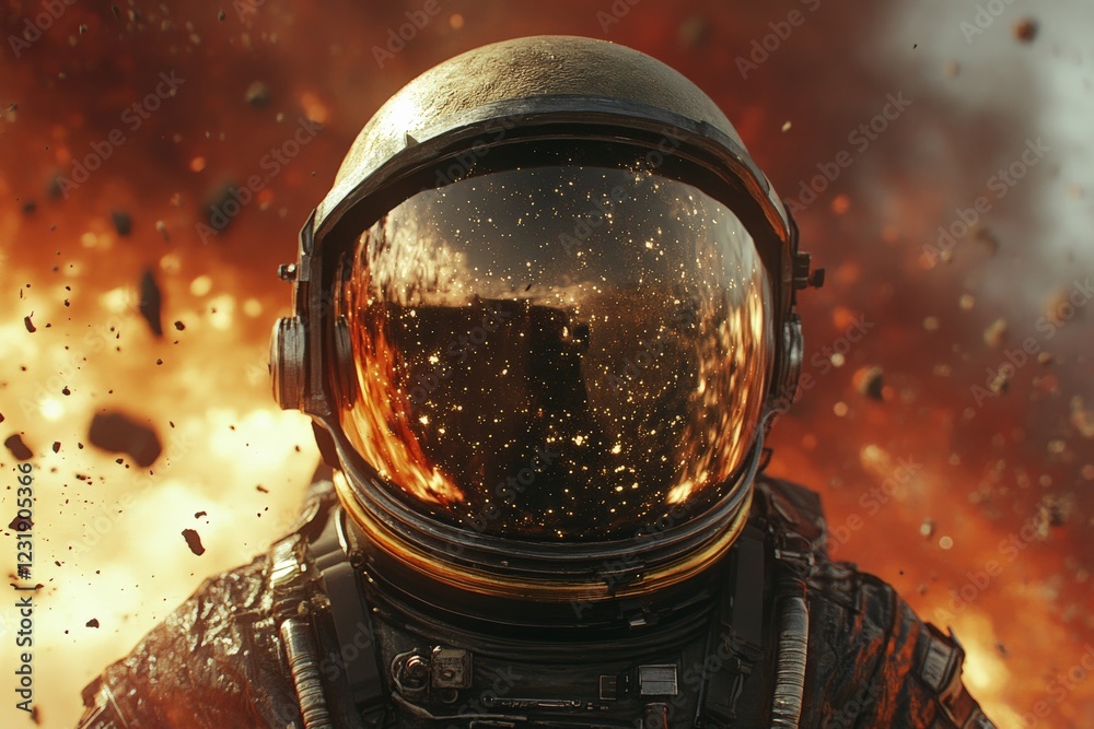 Poster Astrophysical exploration in a fiery environment with an astronaut suit reflecting cosmic elements