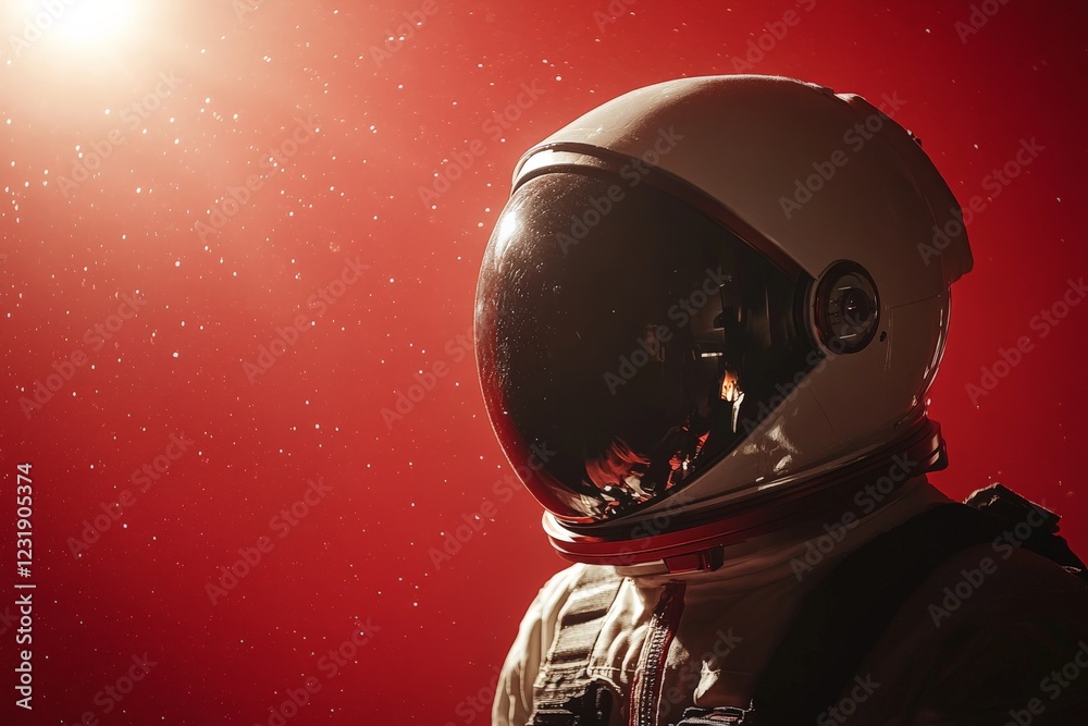 Poster astronaut standing in a red-lit environment, surrounded by cosmic dust and light, exploring the myst