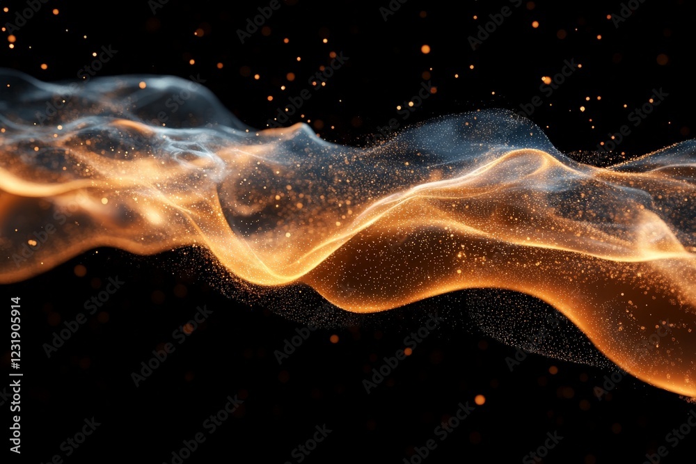 Fototapete Swirling golden smoke with sparkling luminous particles in a dark background creating a captivating atmosphere