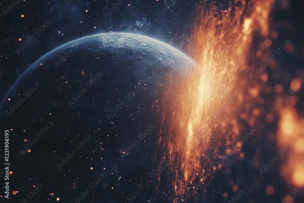 Poster exploration of cosmic phenomena with a planet near a vibrant explosion in space