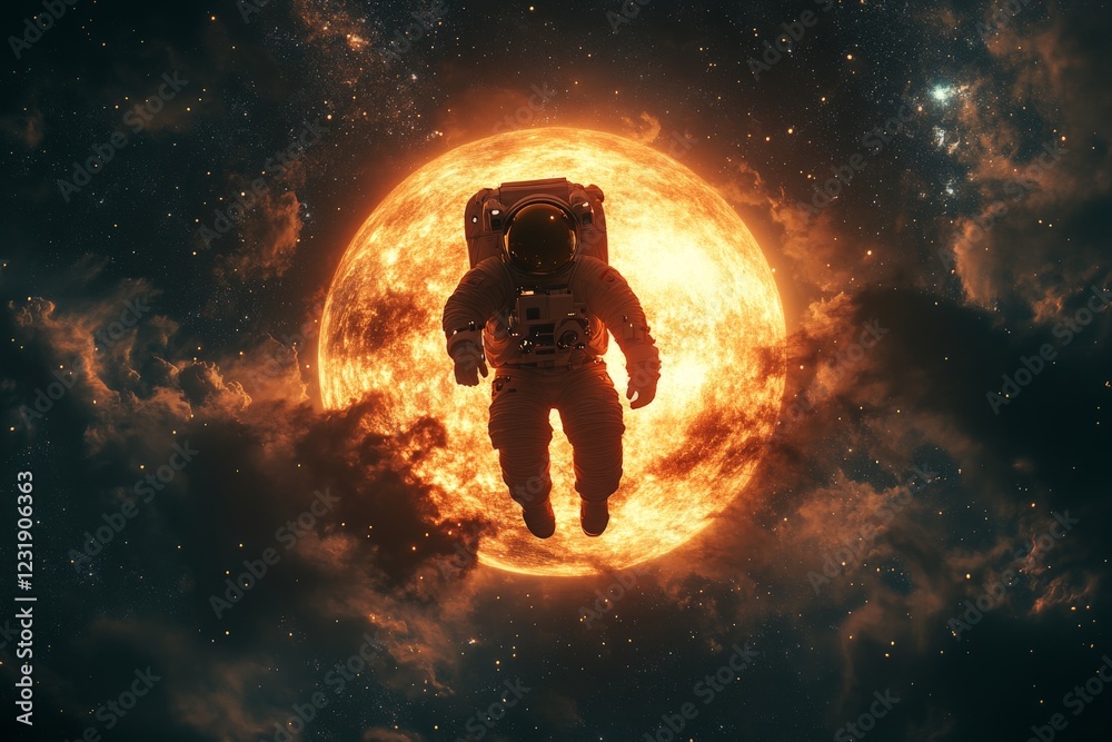 Poster astronaut floating in space near a glowing sun surrounded by stars and clouds